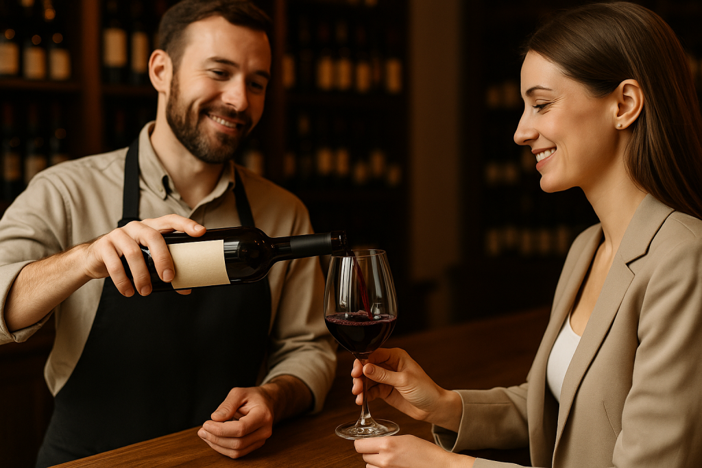 Camarero sirviendo vino tinto a clienta en vinoteca elegante.