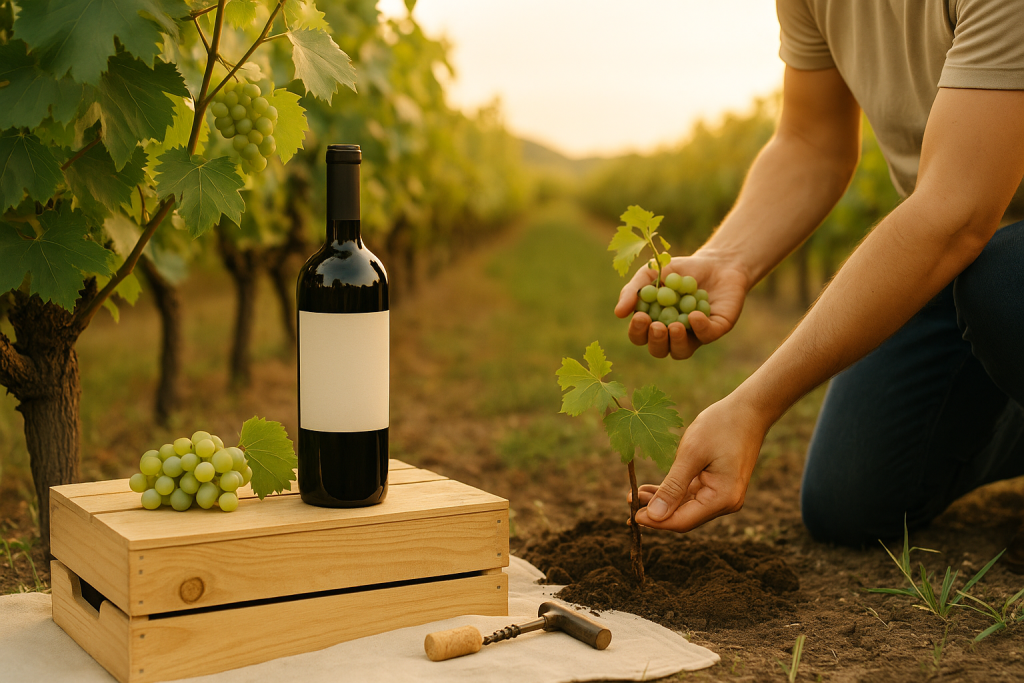 Botella de vino y brote de vid con uvas en viñedo.